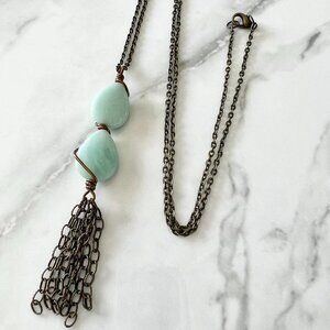 Long Amazonite Tassel Necklace Handmade Gemstone Necklace